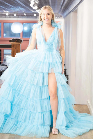 Princess Ball Gown V Neck Ruffle Tiered Tulle Prom Dresses VK23113002