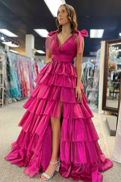 Cute A Line V Neck Fuchsia Organza Tiered Long Prom Dress with Slit VK1361903