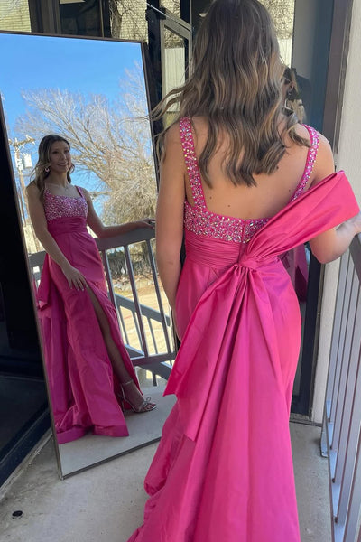 Mermaid Square Neck Fuchsia Satin Long Prom Dresses with Slit VK021710