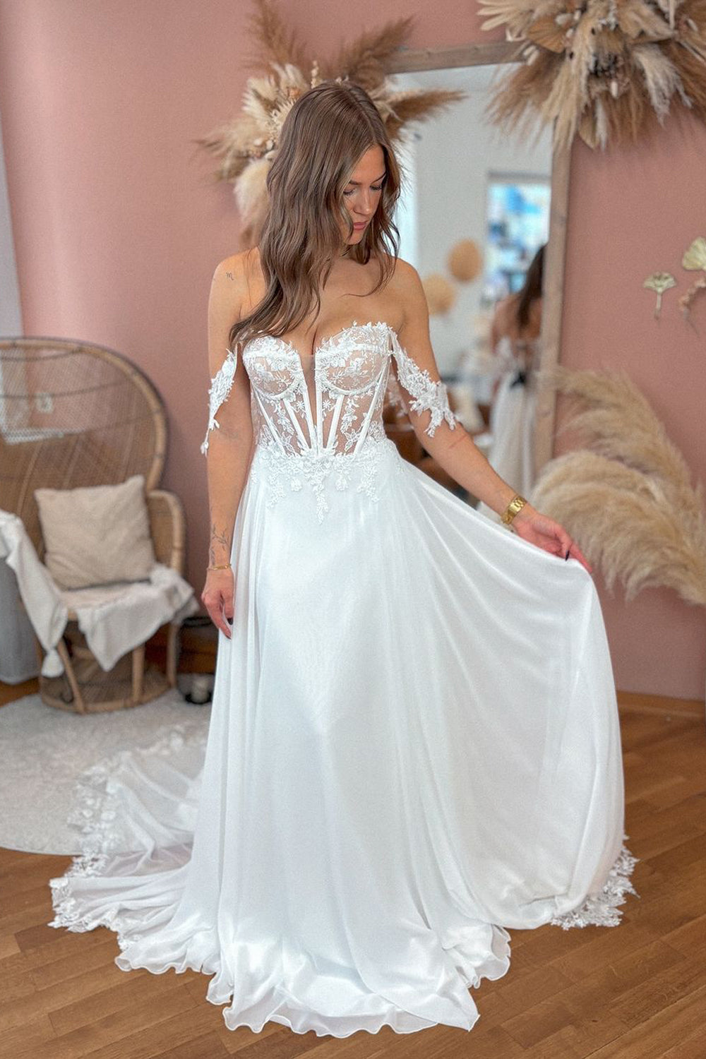 Boho A Line Off the Shoulder Chiffon Long Wedding Dresses with Appliques