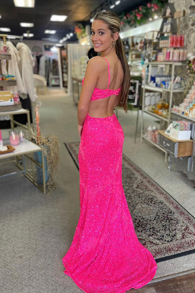 Mermaid Scoop Neck Pink Sequins Slit Prom Dresses VK130602