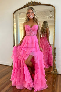 Cute A Line Sweetheart Tiered Chiffon Long Prom Dress with Slit VK25013107