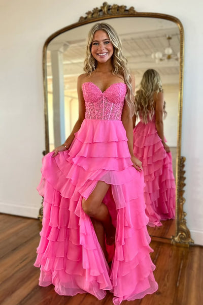 Cute A Line Sweetheart Tiered Chiffon Long Prom Dress with Slit VK25013107