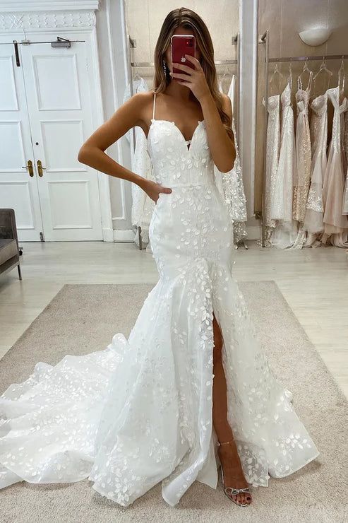 Fairy Mermaid Sweetheart Lace Long Wedding Dresses with Slit VK24100909