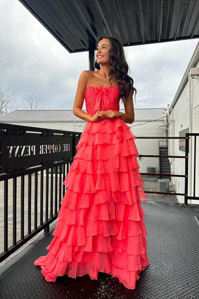 Cute A Line Sweetheart Coral Chiffon Tiered Prom Dress with Slit VK020106