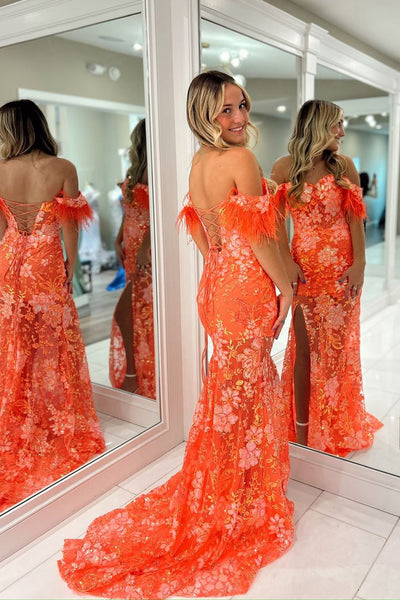 Cute Mermaid Sweetheart Orange Sequins Lace Long Prom Dresses with Slit VK24101510