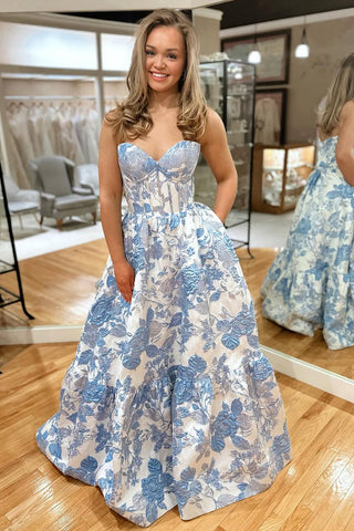 Cute A Line Sweetheart Jacquard Satin Prom Dress with Pockets VK25013103