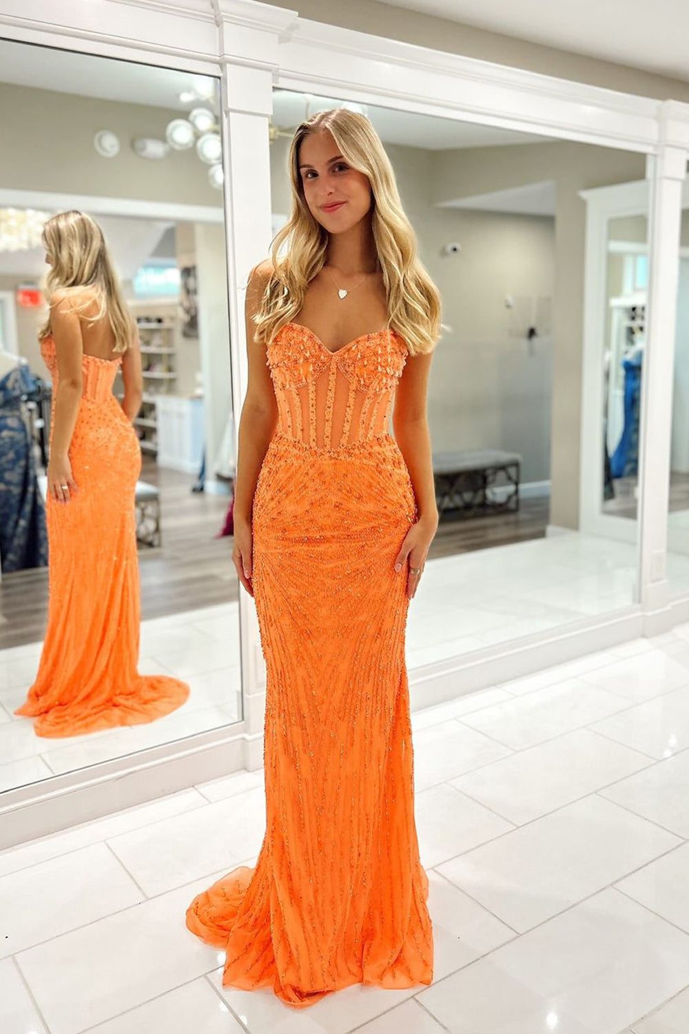 Charming Mermaid V Neck Orange Sequins Long Prom Dresses with Beading VK24101806