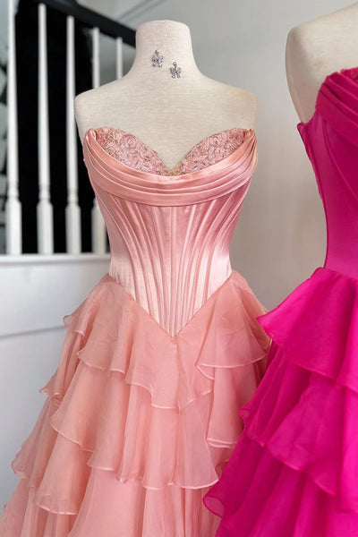 Cute A Line Sweetheart Pink Chiffon Tiered Prom Dress with Slit VK020108