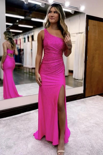 Sparkly Dark Red V Neck Sequins Long Prom Dress with Slit VK23101906