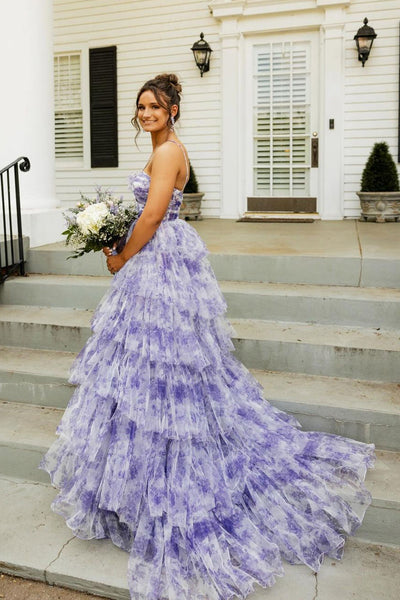 Sweet Ball Gown Straps Lavender Floral Printed Tulle Long Prom Dresses