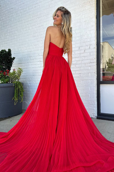 Charming A Line Sweetheart Keyhole Red Chiffon Long Prom Dresses with Slit VK24101906