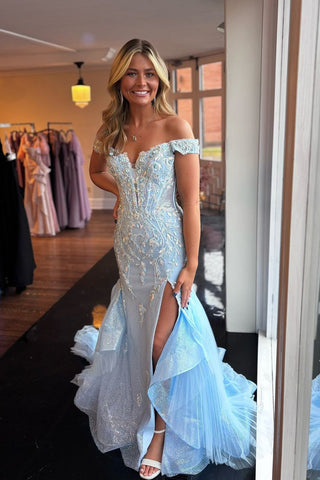 Cute Mermaid Off the Shoulder Light Blue Lace Prom Dress with Appliques VK24120217