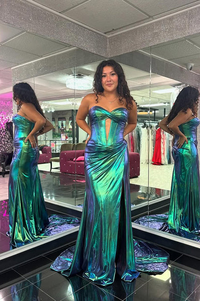 Cute Mermaid Sweetheart Blue Metallic Satin Slit Prom Dress VK24120314