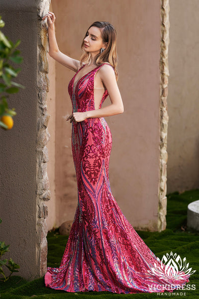 Charming Mermaid V Neck Fuchsia Sequins Lace Long Prom Dresses VK24121001