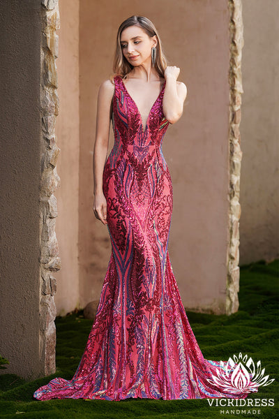 Charming Mermaid V Neck Fuchsia Sequins Lace Long Prom Dresses VK24121001