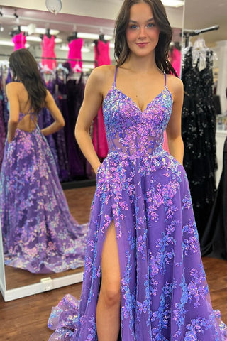 Cute A Line V Neck Purple Sequins Lace Long Prom Dress with Slit VK25010201