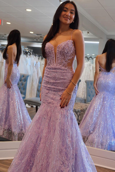 Mermaid V Neck Lilac Sequins Appliques Long Prom Dresses VK24022804