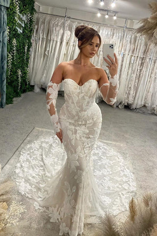 Fairy Mermaid V Neck Lace Tulle Long Wedding Dresses with Long Sleeves