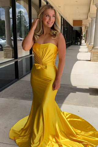 Cute Mermaid Strapless Gold Satin Long Prom Dress VK1306