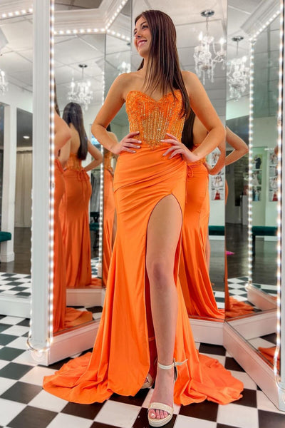 Charming Mermaid Sweetheart Orange Satin Long Prom Dresses with Appliques VK24102209