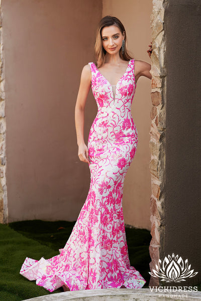 Cute Mermaid V Neck Pink White Sequins Long Prom Dresses VK24121003