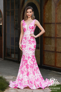 Cute Mermaid V Neck Pink White Sequins Long Prom Dresses VK24121003