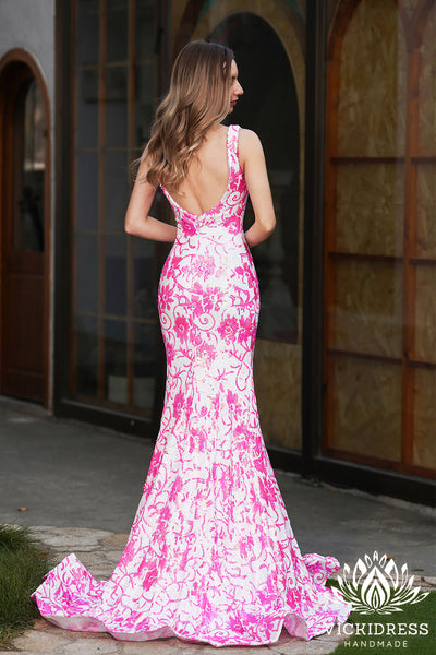 Cute Mermaid V Neck Pink White Sequins Long Prom Dresses VK24121003