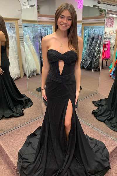 Cute Mermaid Keyhole Black Satin Slit Long Prom Dress VK1361706