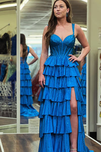 Charming A Line Sweetheart Blue Satin Tiered Long Prom Dresses VK2401004