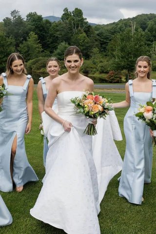 Fairy Sheath Square Neck Light Blue Satin Bridesmaid Dresses with Bow Straps VK24112505