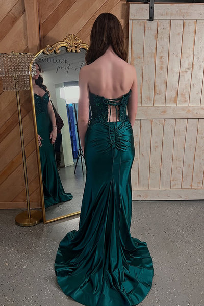 Charming Mermaid Sweetheart Dark Green Satin Long Prom Dress with Slit VK25011301