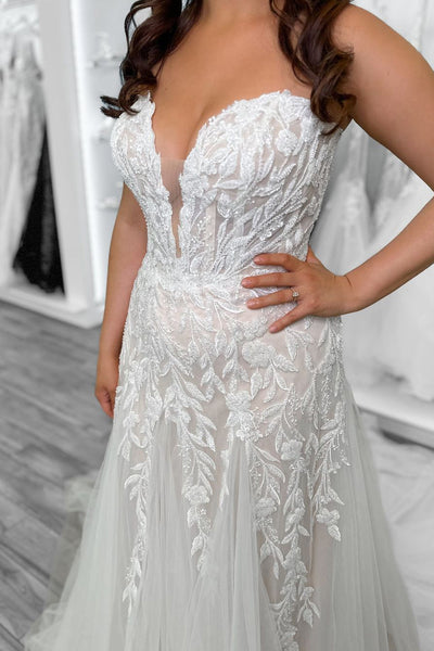 Elegant A Line V Neck Sequins Lace Tulle Long Wedding Dresses