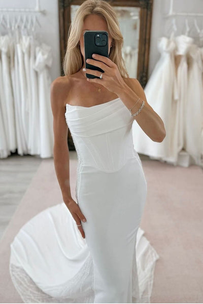 Elegant Simple Mermaid Scoop Neck Satin Long Wedding Dresses VK24102804