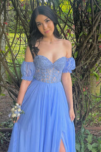 A Line Sweetheart Blue Chiffon Long Prom Dresses with Slit VK23050704