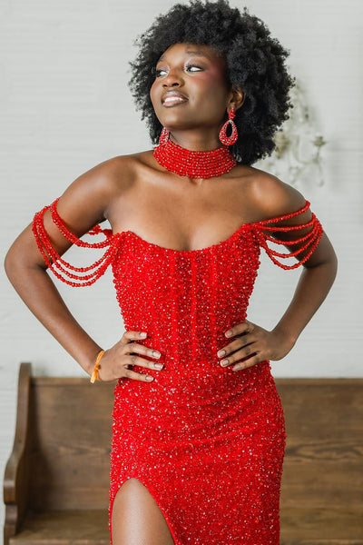 Mermaid Off the Shoulder Red Sequins Long Prom Dresses with Slit VK25040105