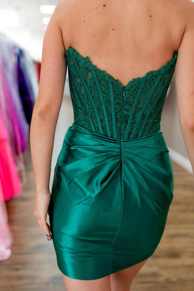 Cute Bodycon Scoop Neck Dark Green Satin Short Homecoming Dresses with Lace VK24082220