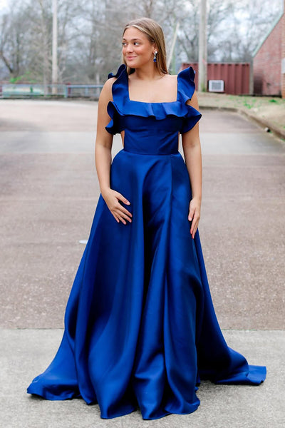 A-Line Square Neck Royal Blue Satin Long Prom Dresses with Bowknot VK021802