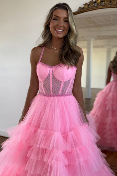 Cute A Line Scoop Neck Pink Tiered Tulle Long Prom Dresses with Beading VK24102018