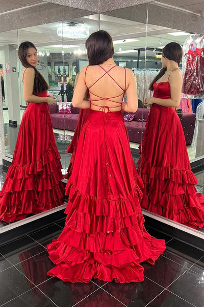 Red Scoop Neck Ruffle Tiered Satin A-Line Long Prom Dresses VK24033103