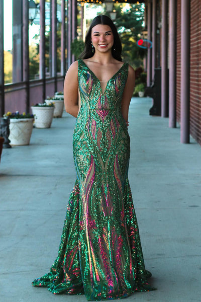 Charming Mermaid V Neck Green Sequins Prom Dresses VK24102108