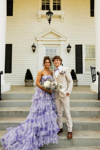 Sweet Ball Gown Straps Lavender Floral Printed Tulle Long Prom Dresses