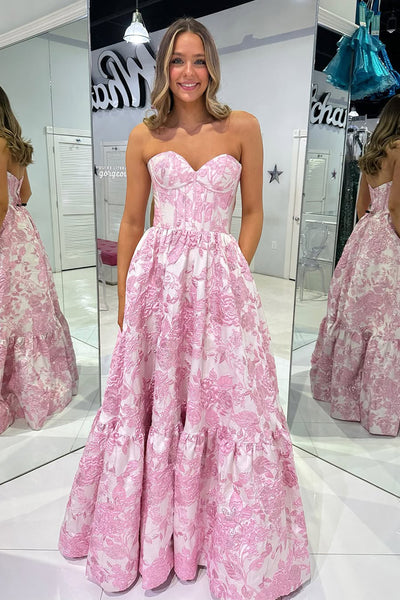 Ball Gown Sweetheart Jacquard Satin Long Prom Dress with Pockets VK25010605