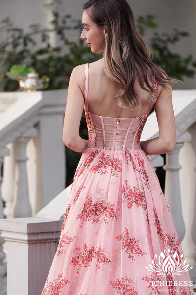 Fairy A Line Sweetheart Floral Printed Chiffon Long Prom Dress VK24121008