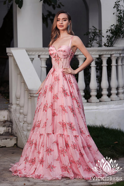 Fairy A Line Sweetheart Floral Printed Chiffon Long Prom Dress VK24121008