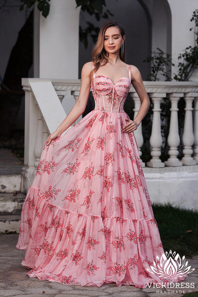 Fairy A Line Sweetheart Floral Printed Chiffon Long Prom Dress VK24121008