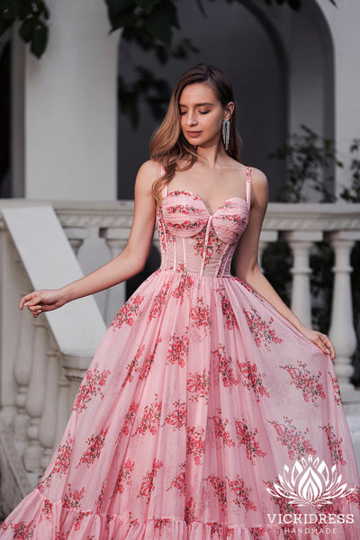 Fairy A Line Sweetheart Floral Printed Chiffon Long Prom Dress VK24121008