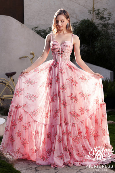 Fairy A Line Sweetheart Floral Printed Chiffon Long Prom Dress VK24121008