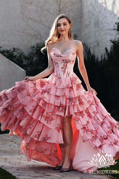 Fairy A Line Sweetheart Blush Pink Floral Printed Chiffon Long Prom Dresses with Slit VK24121010