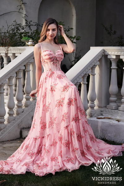 Fairy A Line Sweetheart Floral Printed Chiffon Long Prom Dress VK24121008